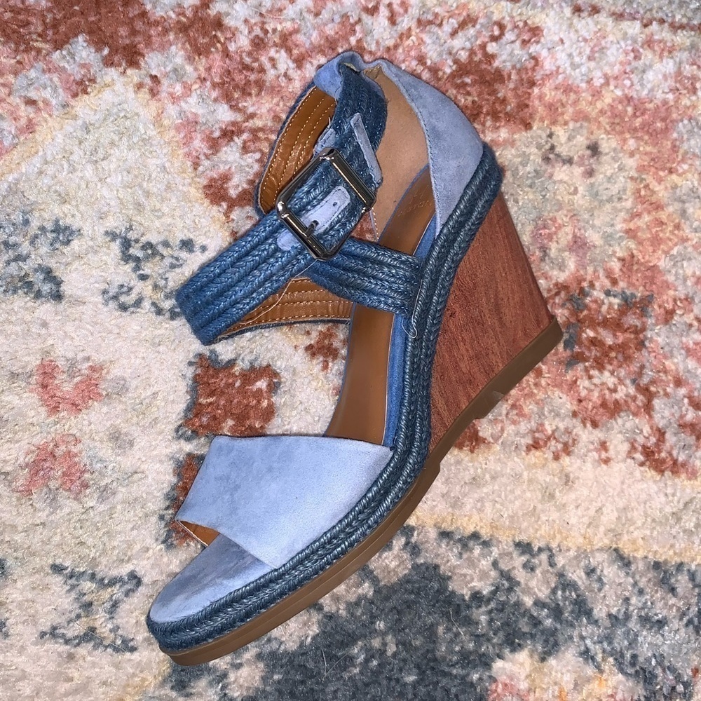 HALSTON Blue Suede Espadrille Wedge Heels Double Ankle Straps Summer Size 8.5